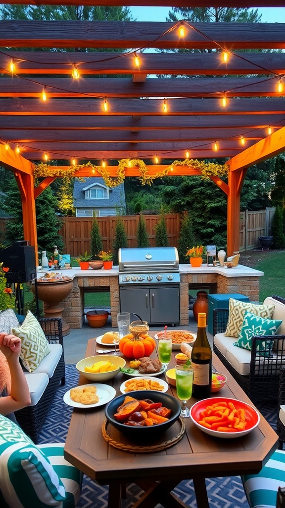 Stylish backyard grill setup with modern grill, seating, and decor under a pergola.